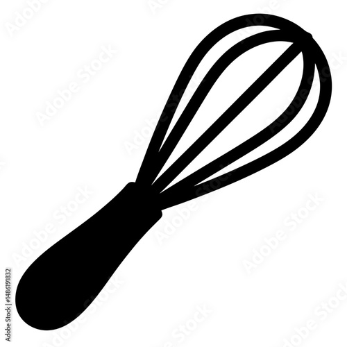 Simple black and white illustration of a whisk for baking and cooking