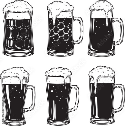  Beer Glass and Mugs Collection Silhouettes White Color Background