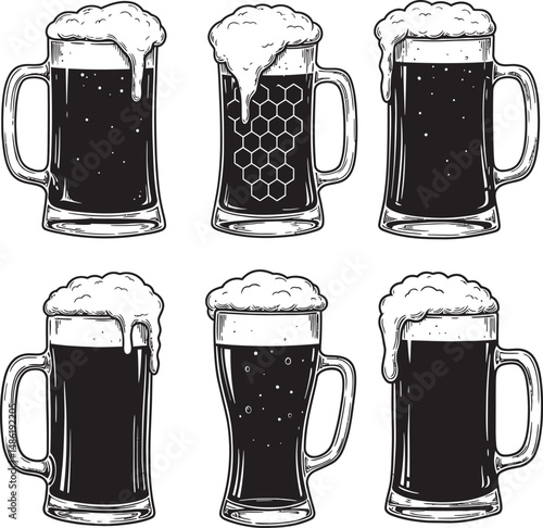  Beer Glass and Mugs Collection Silhouettes White Color Background