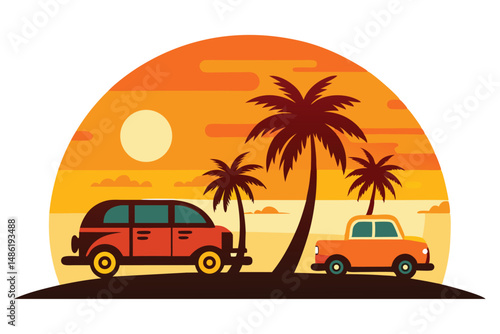 Two vintage cars sit near palm trees against a colorful tropical sunset background