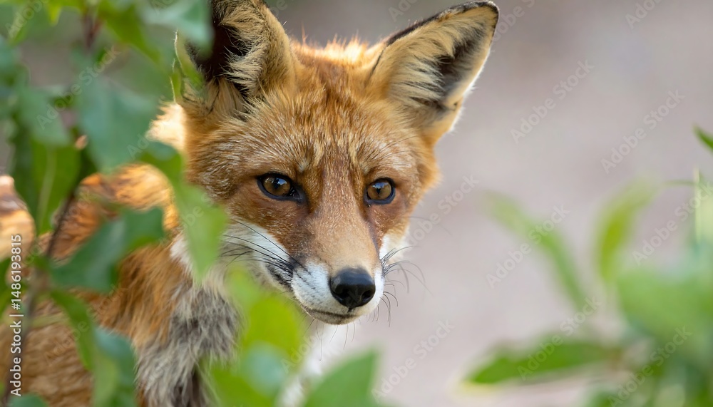 Fototapeta premium Close Up Portrait of Red Fox Looking Through Green Foliage with Attentive Eyes