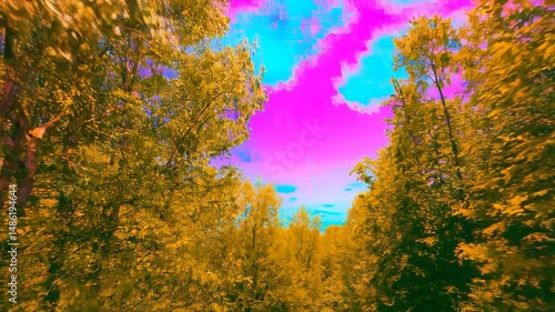 Enchanting psychedelic forest with neon skies and vivid trees in a surreal dreamscape