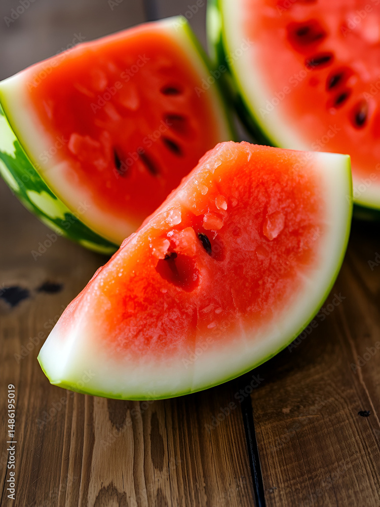Juicy Slice of Watermelon on Wooden Surface Fresh Fruit Photography Vibrant Red and Green Col Juicy Slice of Watermelon on Wooden Surface Fresh Fruit Photography Vibrant Red and Green Col