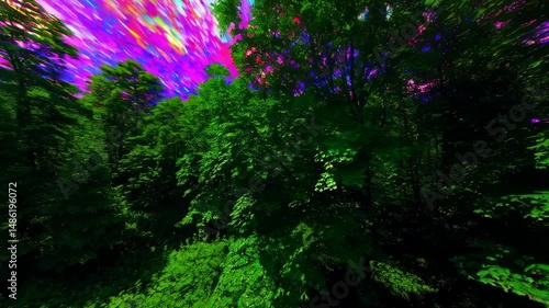 Surreal neon forest scene with psychedelic skies and vivid colors