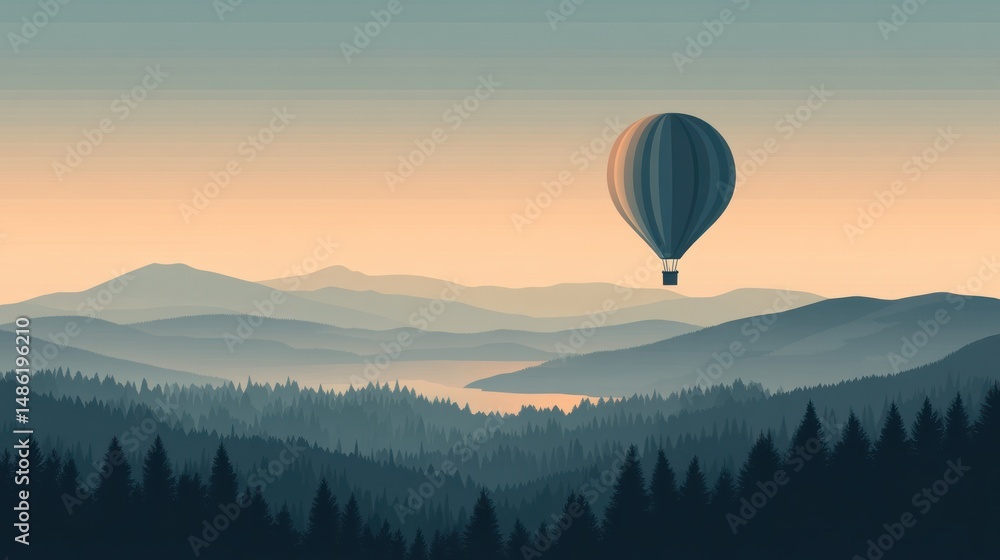 Fototapeta premium Misty mountain landscape with hot air balloon. Sunrise over valley