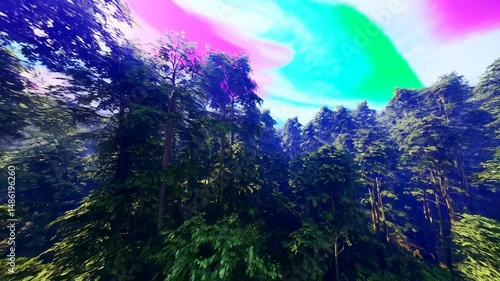 Surreal psychedelic forest with neon sky and vibrant colors in dreamlike nature scene