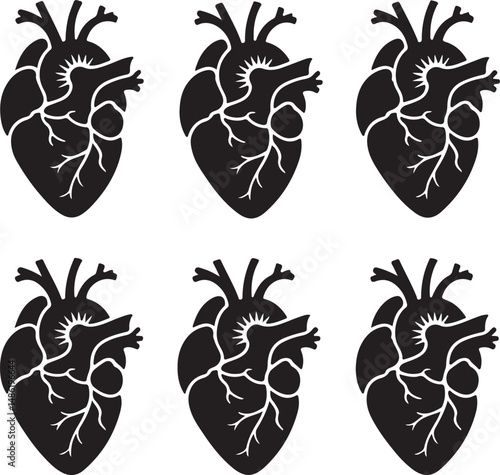 Six Black Silhouettes of Anatomical Human Hearts