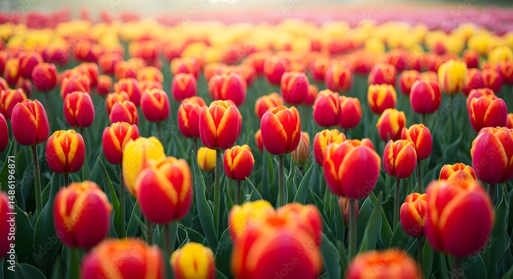 Spring tulips blooming in a field with soft focus. Spring tulips blooming in a field with soft focus.