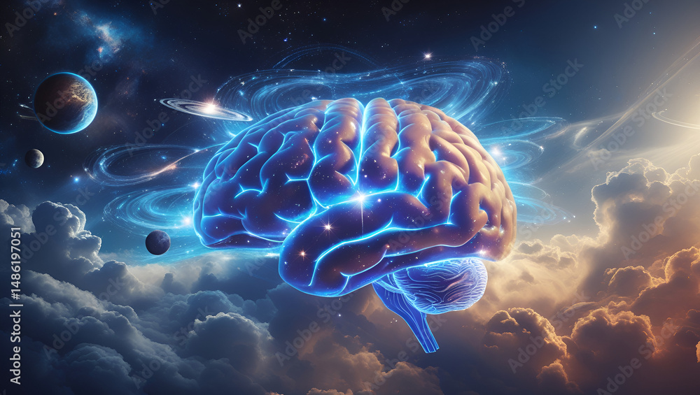 human brain in front of the dark blue sky human brain in front of the dark blue sky