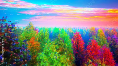 Dreamlike neon forest: psychedelic journey through vivid surreal nature