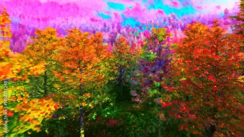 Vibrant psychedelic forest with neon hues and dreamlike atmosphere
