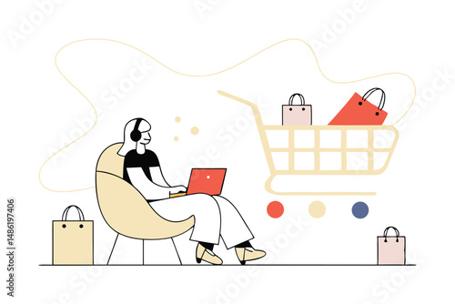 Woman with headphones on laptop shops online with bags and shopping cart