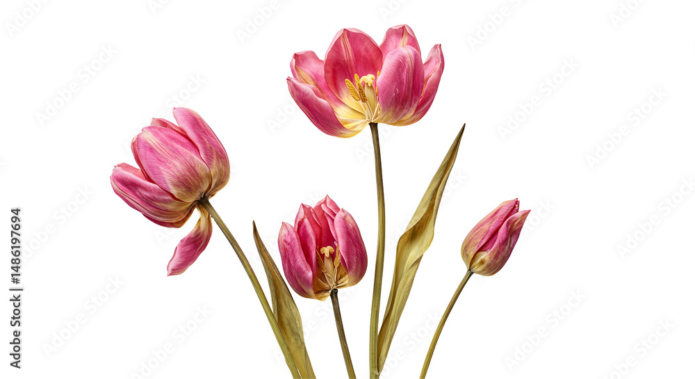 Fototapeta premium Elegant Pink Tulips on Transparent Background Floral Design Spring Blossom Bouquet