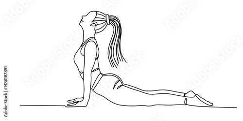continuous single line art of a woman with long hair doing yoga with transparent background. international yoga day. Vectors illustration 