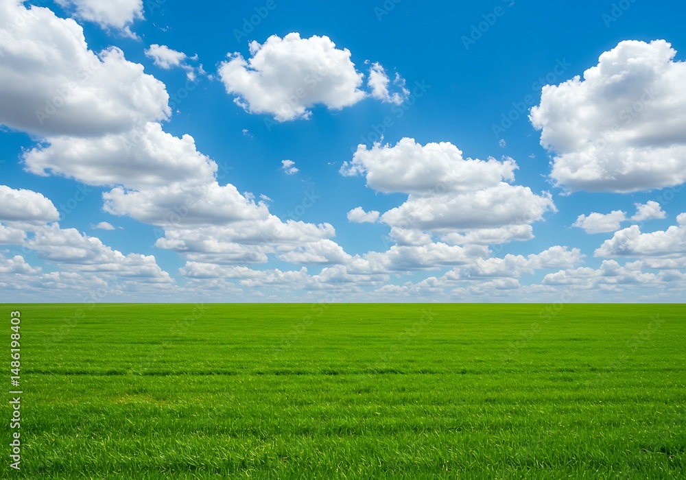 Green field under a bright blue sky with white clouds Green field under a bright blue sky with white clouds
