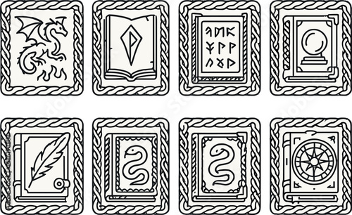 Mystical tome symbols line icons set – magical, book and fantasy design elements