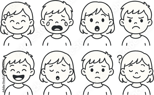 Kids' emotional outline icons set – expressions, feelings and mood symbols for young minds
