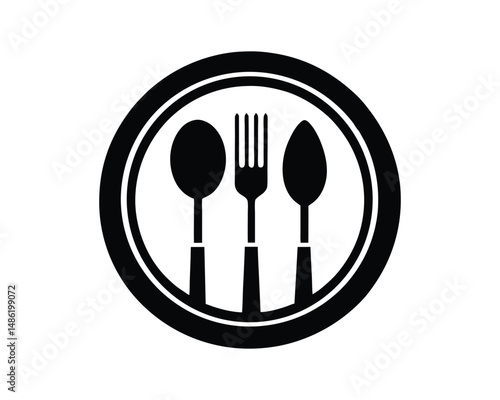 Kitchen plate, spoon, fork and knife vector icon. Symbol of flatware isolated on white background. Utensil for eat. Logo for restaurant, cafe, hotel menu, graphic design.