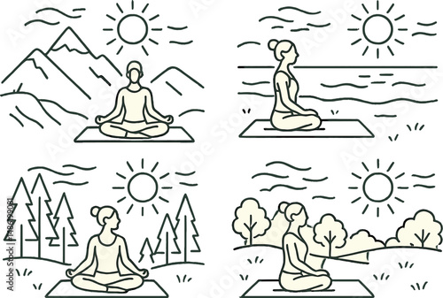 Nature and yoga outline icons set – meditation, wellness and relaxation symbols