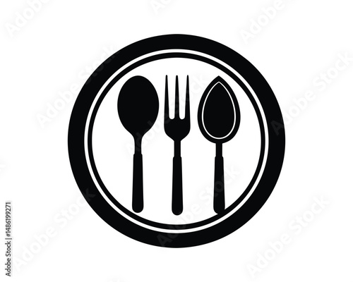 Kitchen plate, spoon, fork and knife vector icon. Symbol of flatware isolated on white background. Utensil for eat. Logo for restaurant, cafe, hotel menu, graphic design.