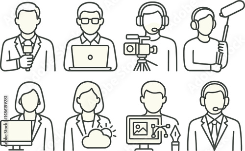 Newsroom outline icons set – simple, media and journalism representation collection