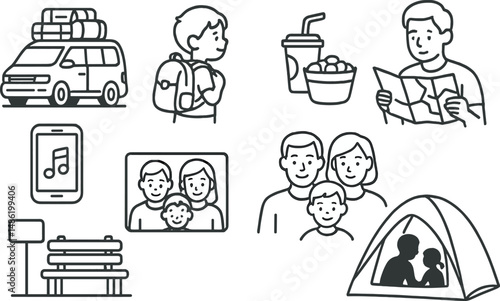 Family road trip outline icons set – silhouette, travel and camping symbols
