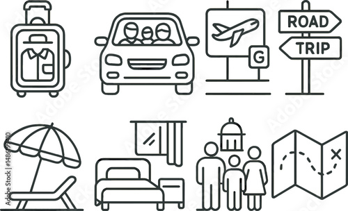 Family travel adventure icons set – silhouette, vacation, holiday journey symbols