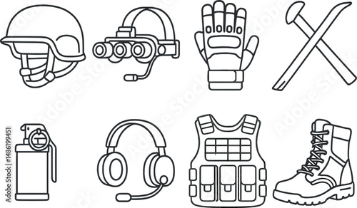 Swat gear outline icons set - tactical, military protection and equipment symbols