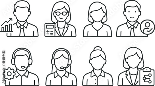 Office job icons set – outline, workplace and career symbols, professional designs