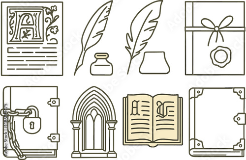 Medieval manuscript linear icons set – outline, historical and vintage design symbols