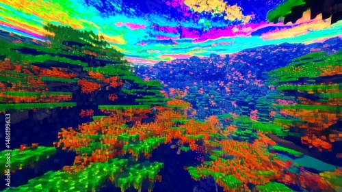 Psychedelic neon forest adventure in a surreal voxel landscape with vibrant colors