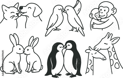 Animal affection icons set – outline, love and companionship symbol collection