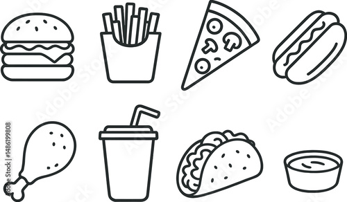 Fast food icons set – outline, dining and restaurant symbols collection