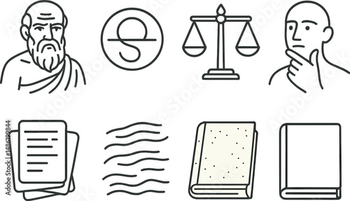 Philosophical concepts outline icons set – think, wisdom, knowledge symbols