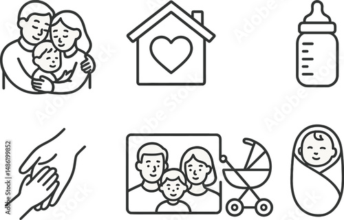 Family and parenting linear icons set – outline, household and childcare symbols