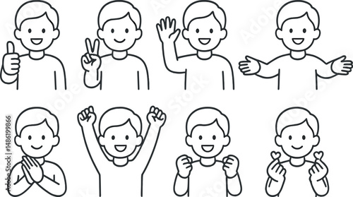 Expressive gesture linear icons set – outline, emotive actions and simple symbols