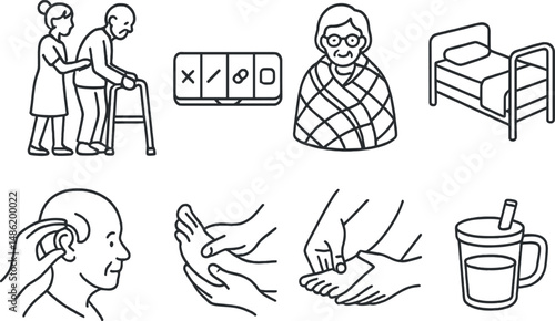 Elderly care line icons set – outline, senior assistance and wellness symbols