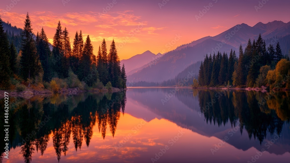 Fototapeta premium Radiant Twilight Over Forested Lake