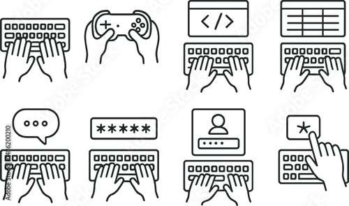Digital keyboard outline icons set – simple, computer and typing activity graphics