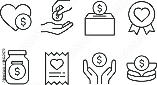 Charity and donations outline icons set – silhouette, giving and philanthropy symbols
