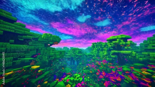 Psychedelic voxel forest: vibrant neon trees under surreal, colorful skies