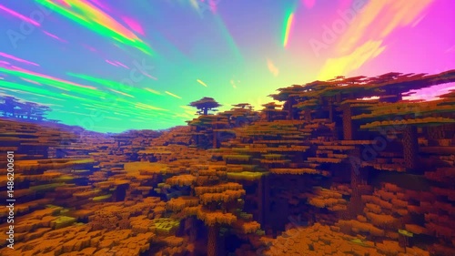 Psychedelic voxel forest at sunset with neon skies and surreal glows