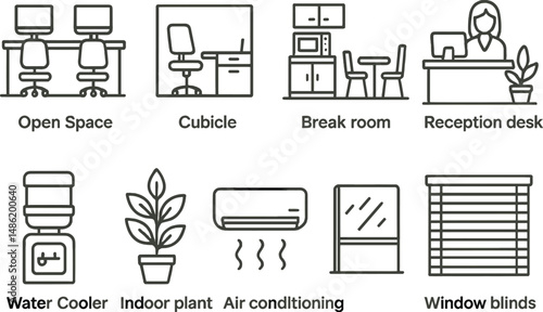 Office essentials linear icons set – outline, workspace and productivity symbols