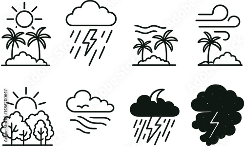 Jungle weather linear icons set – outline, tropical climate and nature symbols