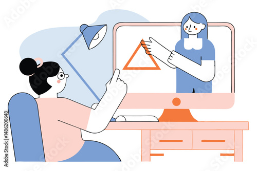Young woman watches the online lesson and points at the orange triangle on screen