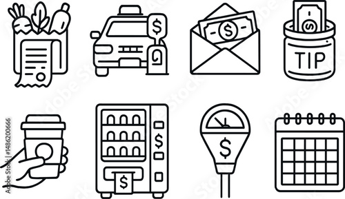 Daily expenses line icons set – outline, financial and budget planning symbols