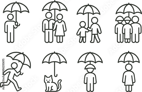 Umbrella silhouette icons set – rainy, weather protection and shelter symbols