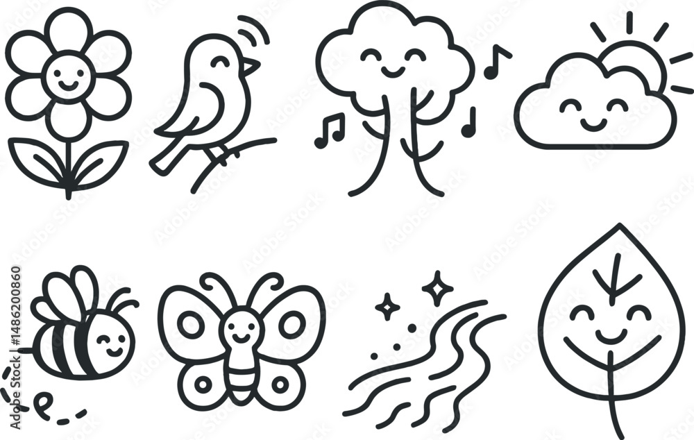 Joyful nature silhouette icons set – simple, cheerful, happy outdoor symbols Joyful nature silhouette icons set – simple, cheerful, happy outdoor symbols