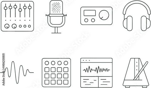 Music production linear icons set – outline, composing and audio mixing symbols