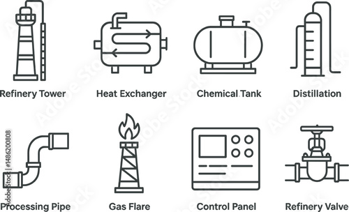 Oil refinery silhouette icons set – outline, industrial and processing symbols